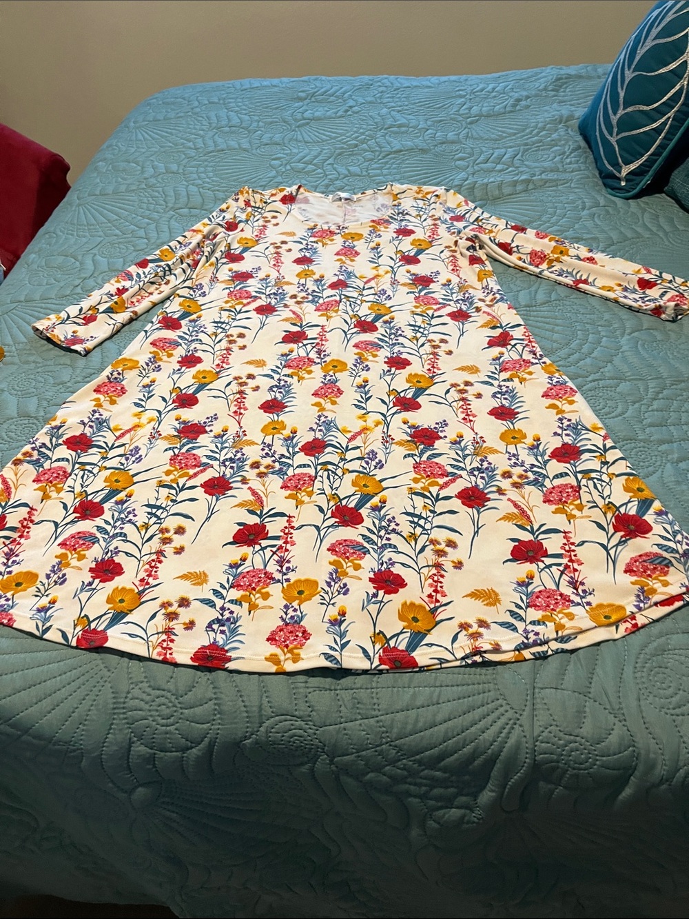 Floral 3/4 Sleeve A-Line Dress - White with Red & Yellow Flowers